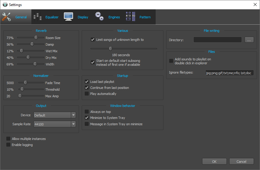 Screenshot of main settings